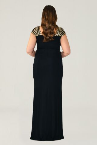 V Yaka Üst Payetli Uzun Elbise SİYAH / ALTIN - 44