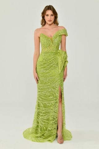 Düşük Tek Omuz Yırtmaçlı Tül Uzun Elbise Yeşil - 38