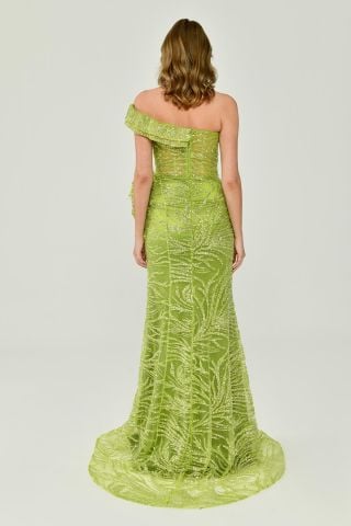 Düşük Tek Omuz Yırtmaçlı Tül Uzun Elbise Yeşil - 38