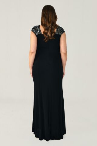 V Yaka Üst Payetli Uzun Elbise SİYAH / ANTRASİT - 42