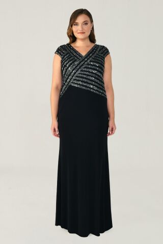 V Yaka Üst Payetli Uzun Elbise SİYAH / ANTRASİT - 42