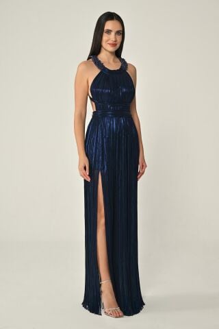 Sırt Dekolteli Parlak Şifon Uzun Elbise Lacivert - 40