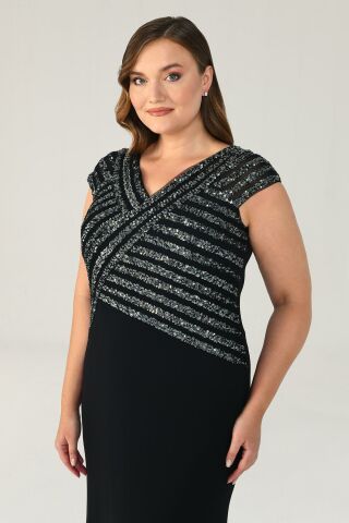 V Yaka Üst Payetli Uzun Elbise SİYAH / ANTRASİT - 48