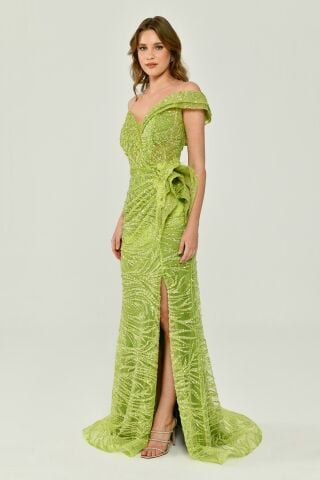 Düşük Tek Omuz Yırtmaçlı Tül Uzun Elbise Yeşil - 42