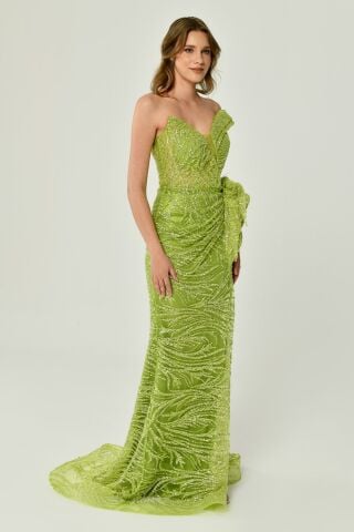 Düşük Tek Omuz Yırtmaçlı Tül Uzun Elbise Yeşil - 42