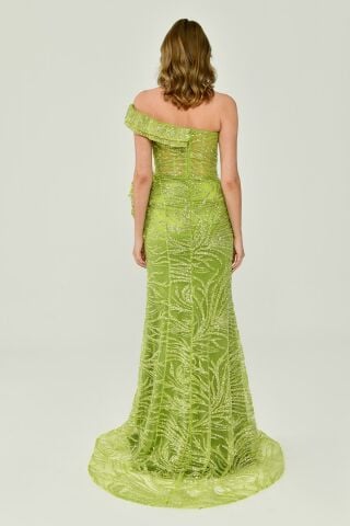 Düşük Tek Omuz Yırtmaçlı Tül Uzun Elbise Yeşil - 42