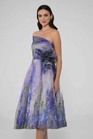 Straplez İçi Tafta Dışı İpek Organze Kumaş Midi Elbise 42 - MOR YEŞİL