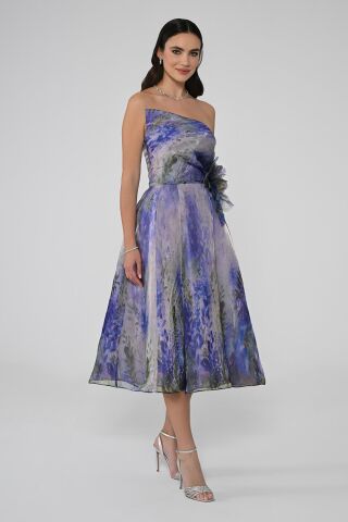 Straplez İçi Tafta Dışı İpek Organze Kumaş Midi Elbise 42 - MOR YEŞİL