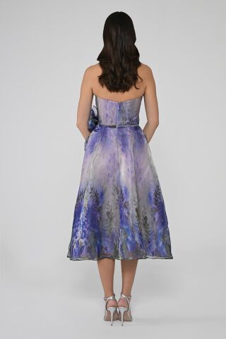 Straplez İçi Tafta Dışı İpek Organze Kumaş Midi Elbise 42 - MOR YEŞİL