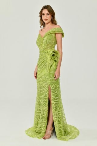 Düşük Tek Omuz Yırtmaçlı Tül Uzun Elbise Yeşil - 44