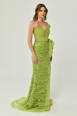 Düşük Tek Omuz Yırtmaçlı Tül Uzun Elbise Yeşil - 44