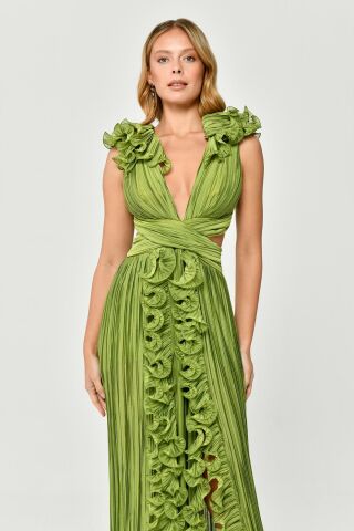 Ruffled Pleated Chiffon Long Dress Green - 42