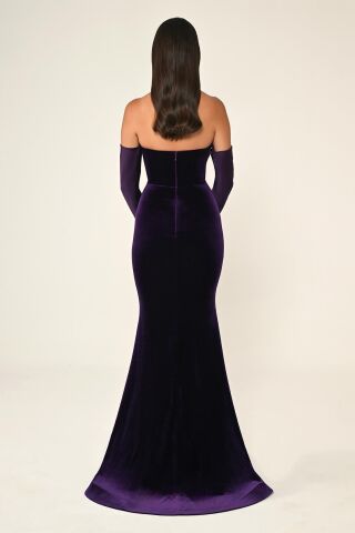 Straplez Kollu Balık Kesim Kadife Uzun Elbise Mor - 36