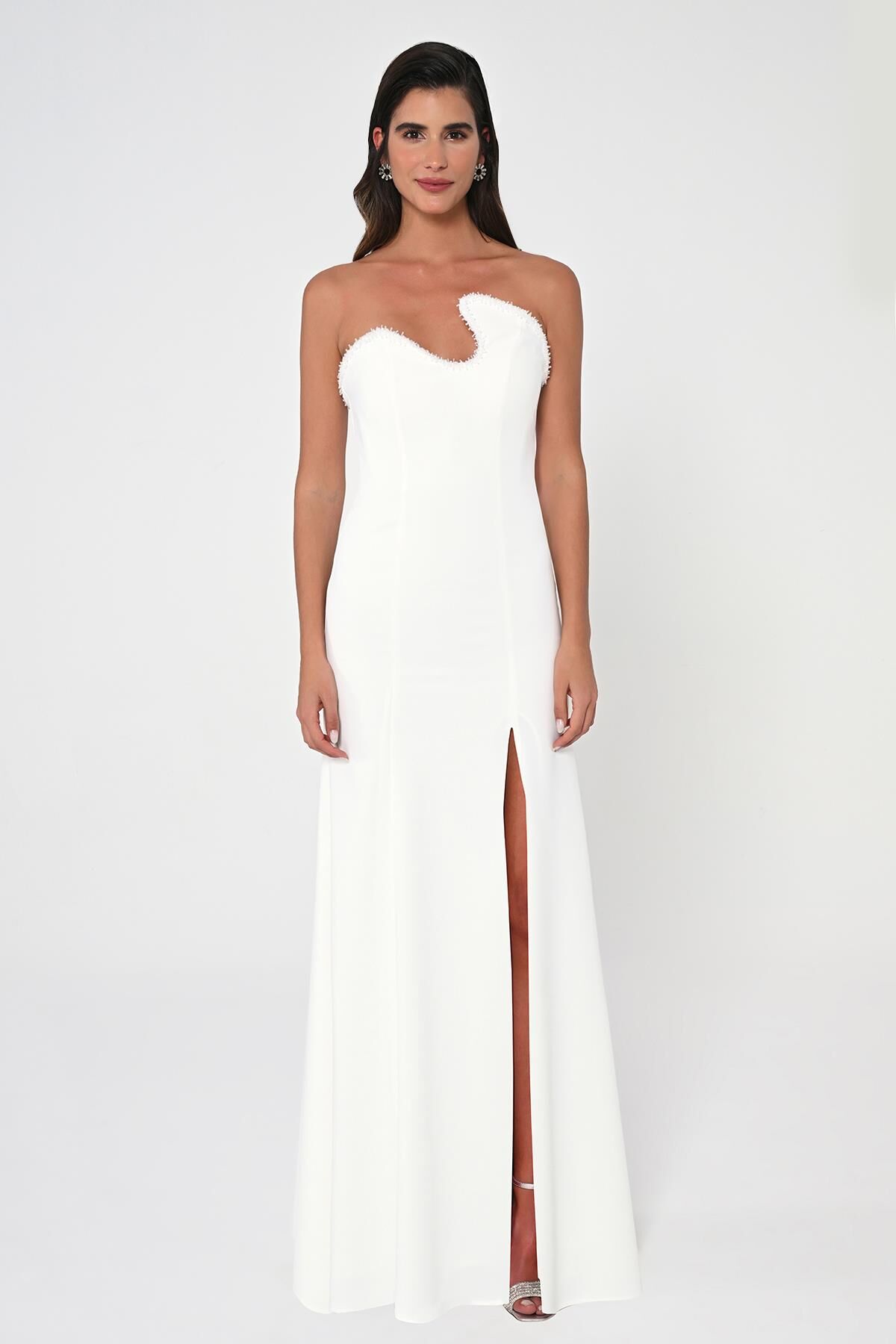 Strapless Top Stoned Asymmetrical Cut Crepe Long Dress White - 36