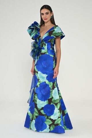 Volanlı Omuz Şifon Şallı Desenli Tafta Uzun Elbise