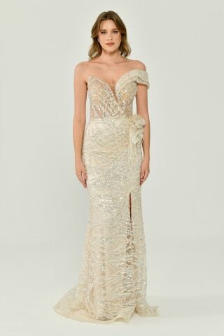 Düşük Tek Omuz Yırtmaçlı Tül Uzun Elbise EKRU - 42