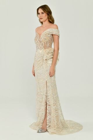 Düşük Tek Omuz Yırtmaçlı Tül Uzun Elbise EKRU - 42