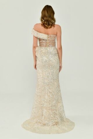 Düşük Tek Omuz Yırtmaçlı Tül Uzun Elbise EKRU - 42