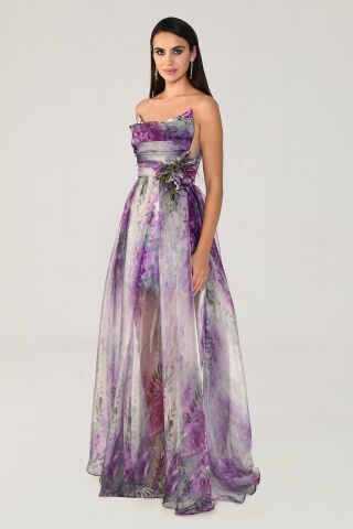 Kayık Yaka Önden Yırtmaçlı Desenli Şifon Elbise FUŞYA / YEŞİL - 44