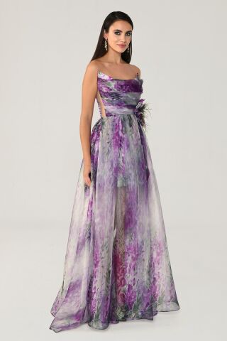 Kayık Yaka Önden Yırtmaçlı Desenli Şifon Elbise FUŞYA / YEŞİL - 44