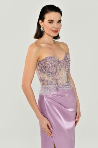 Straplez Üst Taşlı Yandan Yırmaçlı Saten Uzun Elbise Pembe - 38