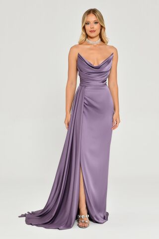 Kayık Yaka Yırtmaçlı Saten Elbise Koyu Lila - 42