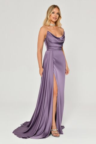 Kayık Yaka Yırtmaçlı Saten Elbise Koyu Lila - 42