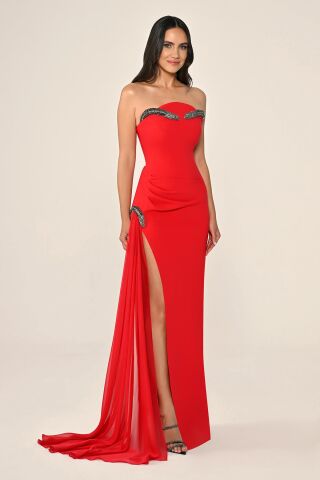 Strapzlez Aksesuarlı Yandan Şifon Kuyruklu Krep Uzun Elbise Kırmızı - 40