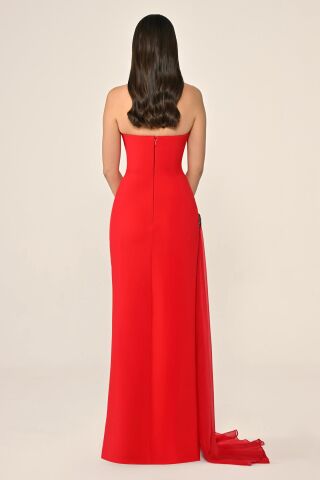 Strapzlez Aksesuarlı Yandan Şifon Kuyruklu Krep Uzun Elbise Kırmızı - 40