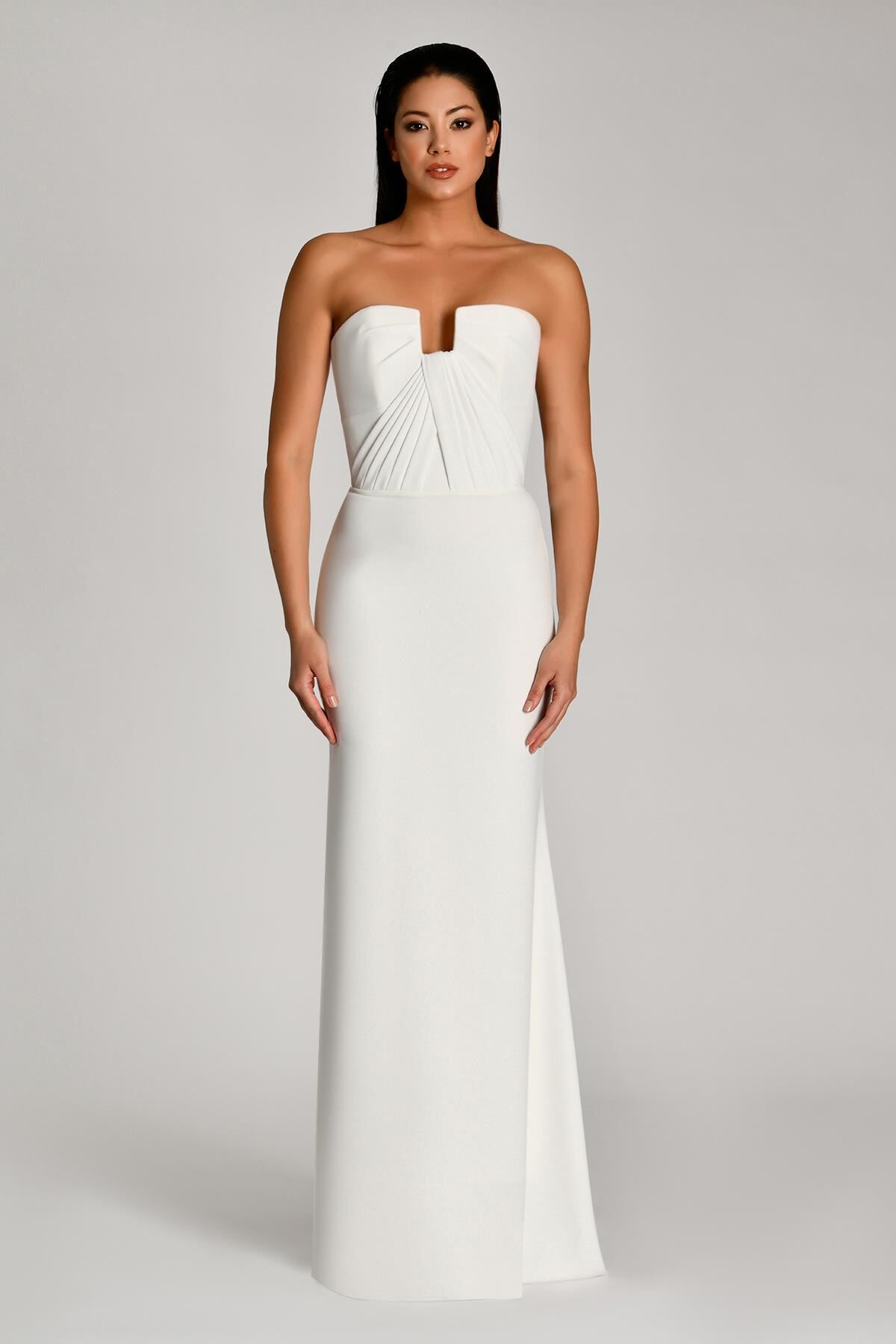 Straplez Üst Büzgülü Krep Uzun Elbise Beyaz - 36