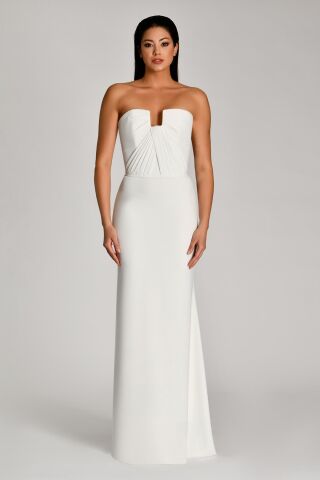Straplez Üst Büzgülü Krep Uzun Elbise Beyaz - 36