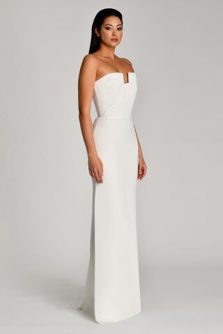 Straplez Üst Büzgülü Krep Uzun Elbise Beyaz - 36