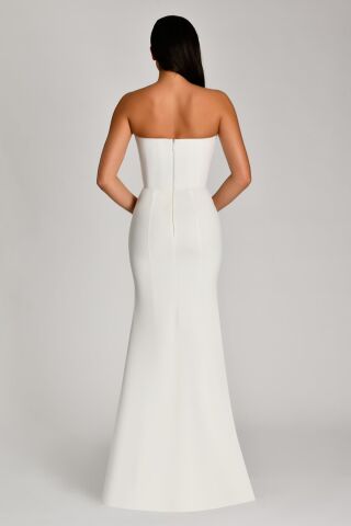 Straplez Üst Büzgülü Krep Uzun Elbise Beyaz - 36