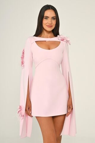 Yırtmaçlı Şal Kol Göğüs Pencere Detaylı Kısa Elbise Pembe - 42