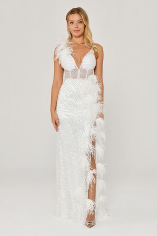 İp Askılı Sırt İp Askılı V Yaka Otriş Akesuarlı Pullu Kumaş Uzun Elbise Beyaz - 36