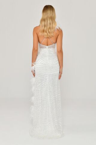 İp Askılı Sırt İp Askılı V Yaka Otriş Akesuarlı Pullu Kumaş Uzun Elbise Beyaz - 36