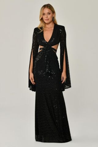 Dökümlü Uzun Kol V Yaka Payetli Uzun Elbise