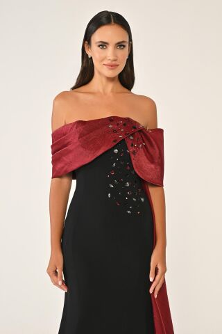 Düşük Omuz Üst Aksesuarlı Kuyruklu Krep Elbise SİYAH / BORDO - 36