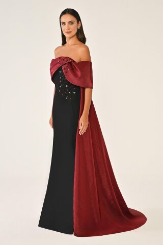 Düşük Omuz Üst Aksesuarlı Kuyruklu Krep Elbise SİYAH / BORDO - 36