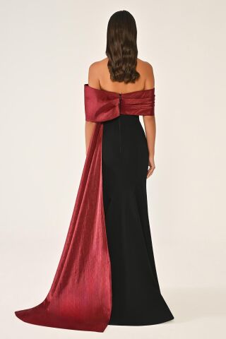Düşük Omuz Üst Aksesuarlı Kuyruklu Krep Elbise SİYAH / BORDO - 36