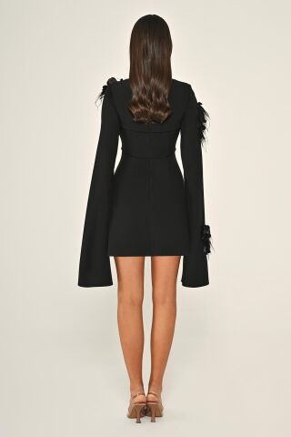 Yırtmaçlı Şal Kol Göğüs Pencere Detaylı Kısa Elbise Siyah - 38