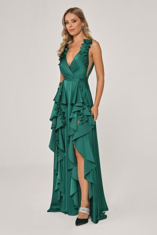 Çift Yırtmaçlı Çiçek Aksesuarlı Saten Uzun Elbise ZÜMRÜT - 36