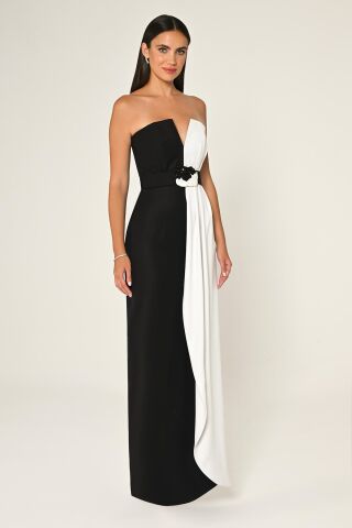 Straplez Beli İşlemeli Kemer Krep Uzun Elbise SİYAH / BEYAZ - 42