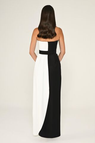 Straplez Beli İşlemeli Kemer Krep Uzun Elbise SİYAH / BEYAZ - 42