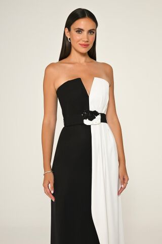 Straplez Beli İşlemeli Kemer Krep Uzun Elbise SİYAH / BEYAZ - 44