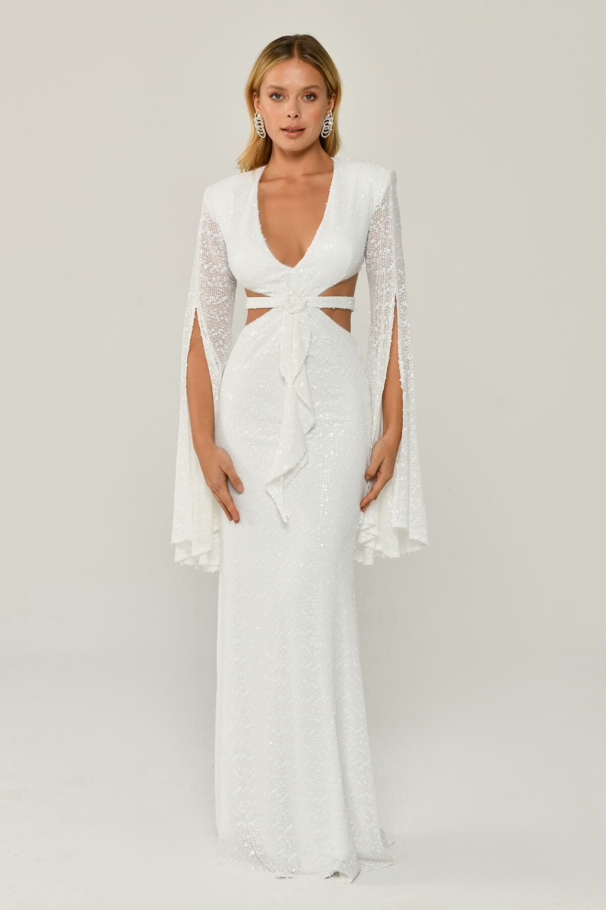Flowy Long Sleeve V Neck Sequined Long Dress White - 40