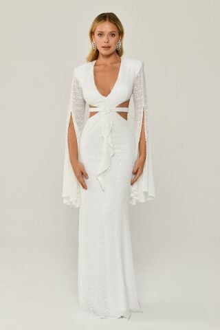 Flowy Long Sleeve V Neck Sequined Long Dress White - 40