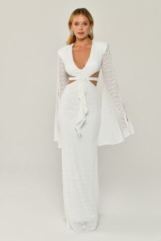 Flowy Long Sleeve V Neck Sequined Long Dress White - 40