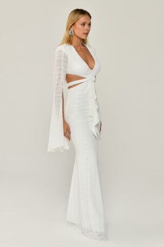 Flowy Long Sleeve V Neck Sequined Long Dress White - 40