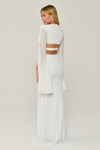 Flowy Long Sleeve V Neck Sequined Long Dress White - 40